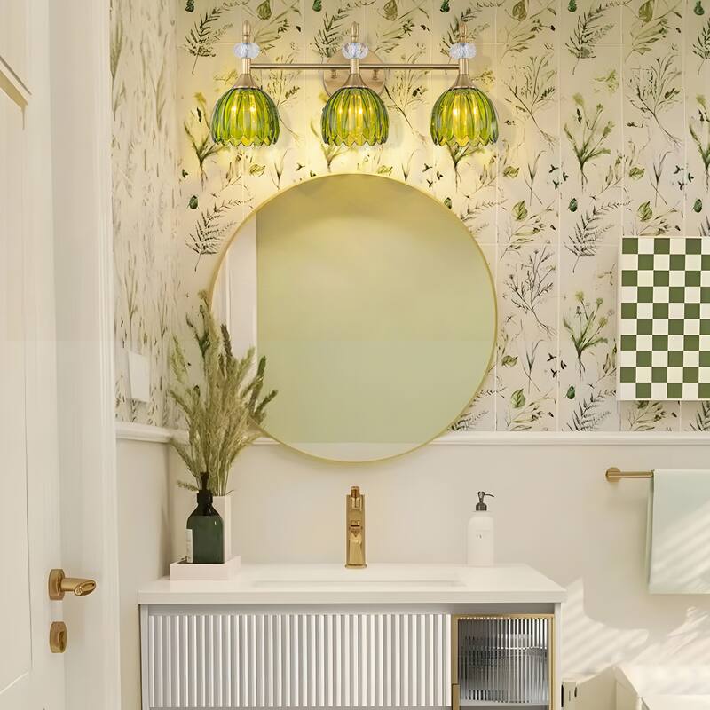 Starsky 3-Light Tulip-Inspired Floral Wall Sconce with Green or Amber Glass Shades, for Bathroom, Bedroom, Hallway