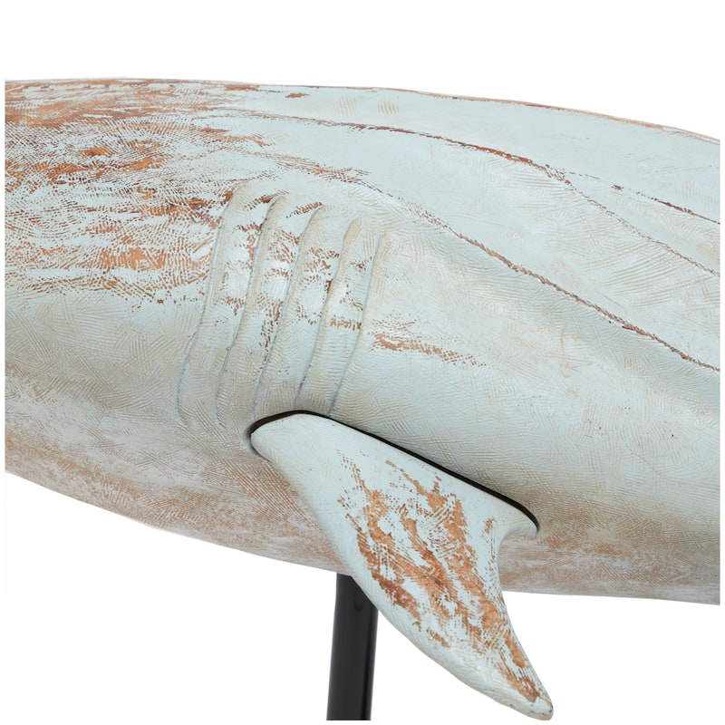 Light Blue Polystone Distressed Shark Decorative Sculpture with Brown Wood Inspired Accents and Black Stand