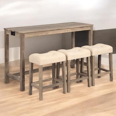 4-Piece Bar Table Set with Power Outlet, 3 Upholstered Stools and Rectangular Dining Table for Kitchen, Dining Room, Game Room