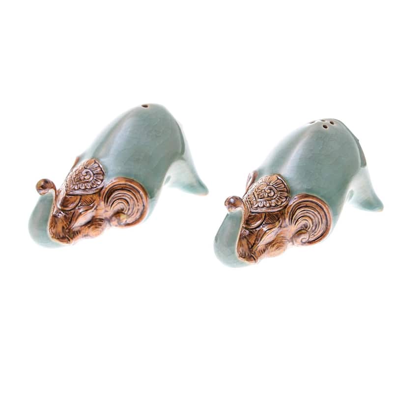 Handmade Crouching Elephants In Green Celadon Ceramic Salt And Pepper Shakers (Pair) Thailand - 2" H x 2" W x 3.7" D