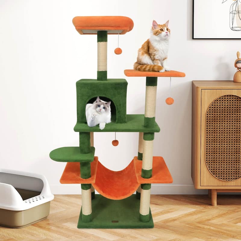 Costway 58” Tall Multi-level Cat Tree with Upholstered Perch & Cat - See Details