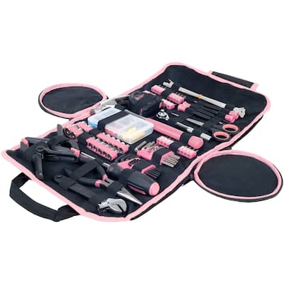 Household Hand Tool Set with Roll-Up Bag, Pink