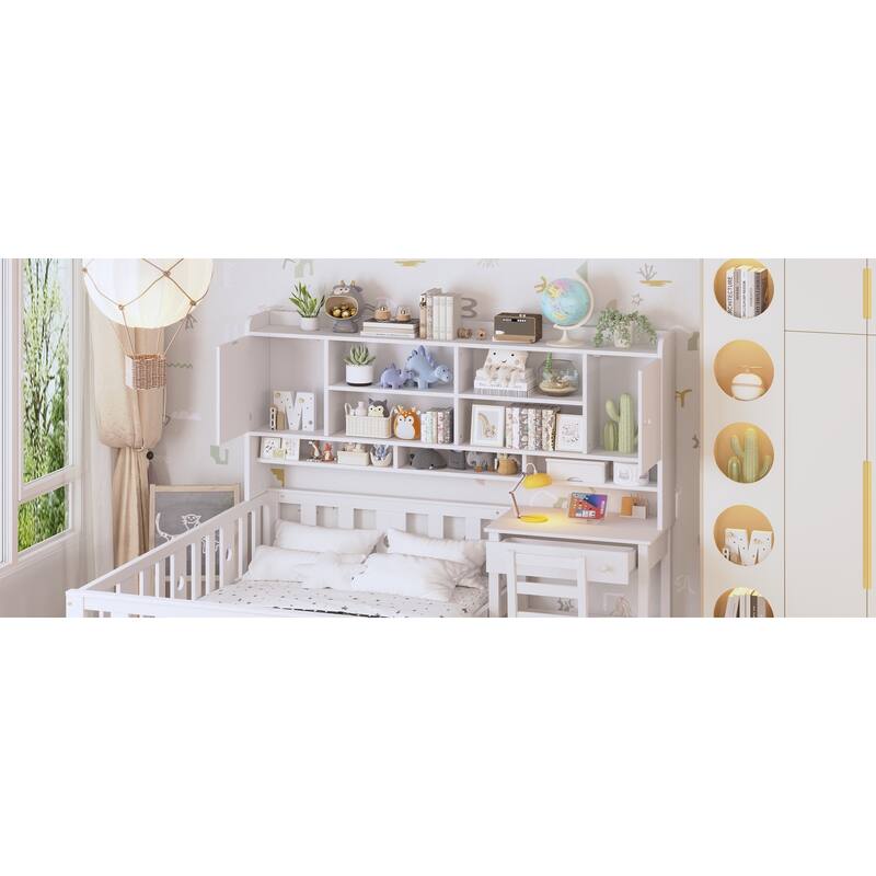 Twin Size Multifunctional Wood Platform Bed with Bookshelf,Built-in Desk and Matching Chair