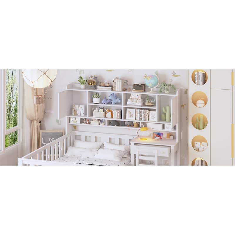 Twin Size Multifunctional Wood Platform Bed with Bookshelf at the Head of the Bed, Built-in Desk and Matching Chair, White