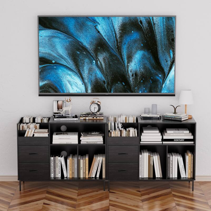 Black TV Stand with Adjustable Shelves, Media Console Cabinet Entertainment Center for Living Room, Bedroom