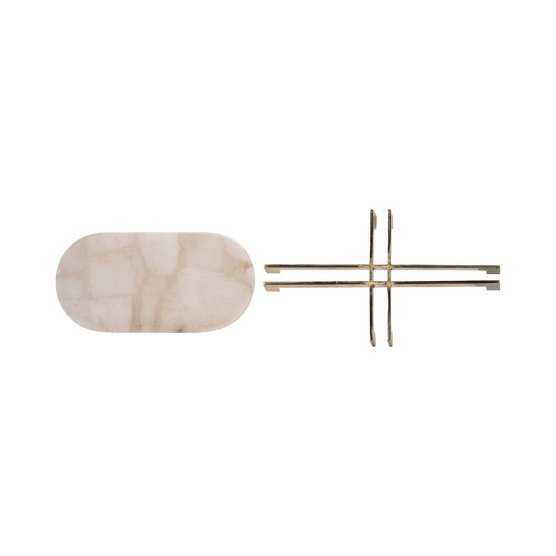 Sagebrook Home Quartz-Inspired 14" White Stone Tray With Gold Iron Details, Trays and Plates, Solid White - 14" x 8" x 2"