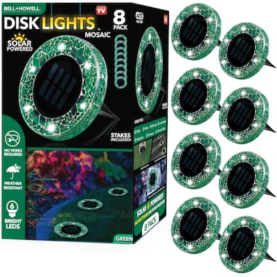 Bell + Howell 6 LED Round Green Mosaic Solar Powered Disk Lights with Auto On/Off - 8 Pack