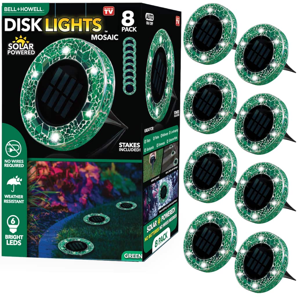Bell + Howell 6 LED Round Green Mosaic Solar Powered Disk Lights with Auto On/Off - 8 Pack