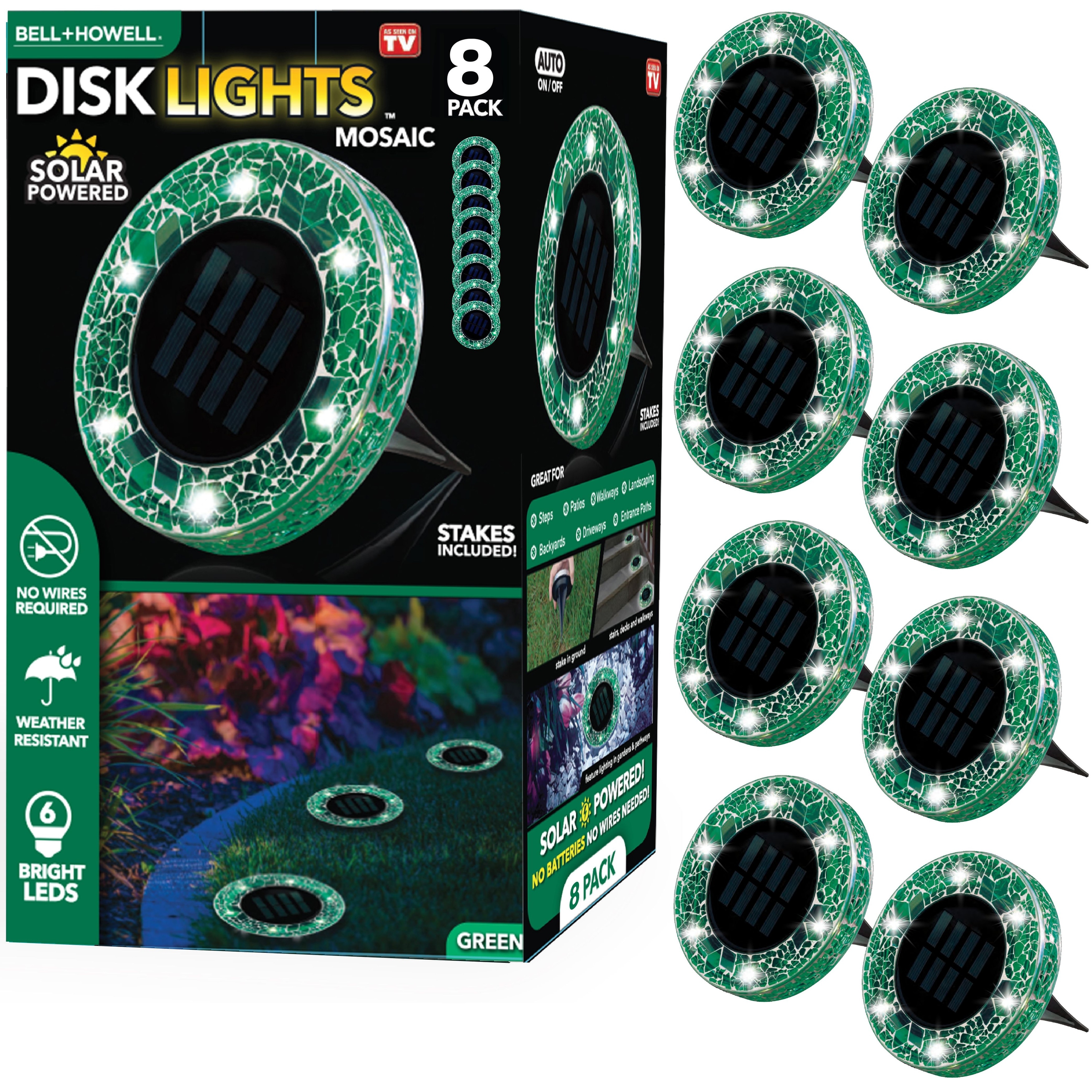 Bell + Howell Green Mosaic Solar Disk Lights, 8-Pack Waterproof LED Outdoor Pathway and Garden Lights