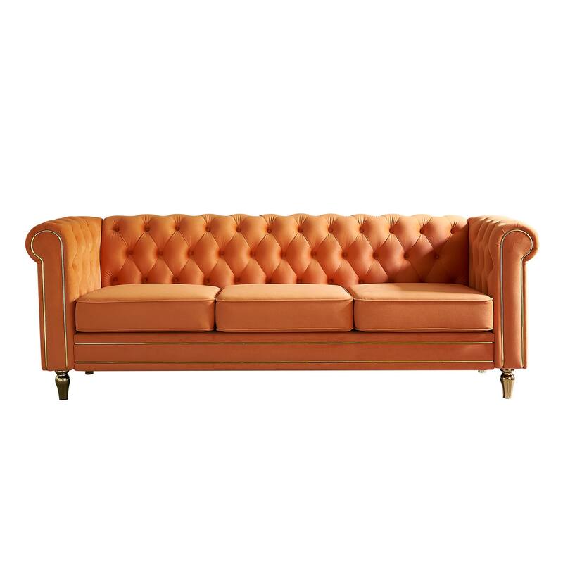Velvet Chesterfield Sofa, 3-Seater with Rolled Arms, Tufted Back, Metal Legs for Living Room