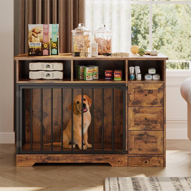 48" Farmhouse Dog Kennel Crate Furniture End Table with Bowl Storage Drawers