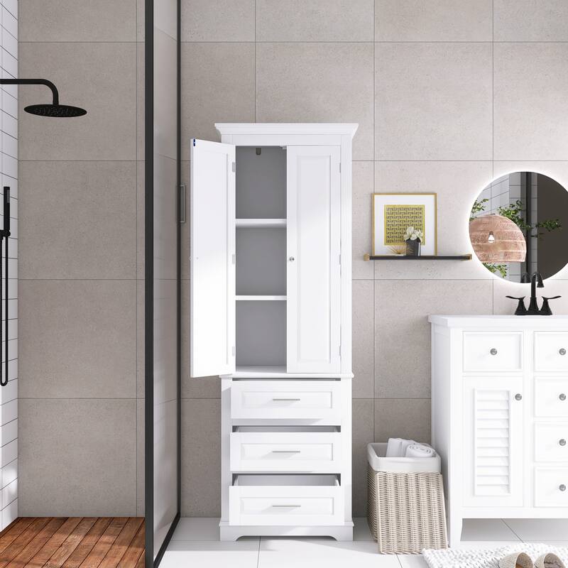 70" Tall Storage Cabinet with Doors and Three Drawers for Bathroom/Office