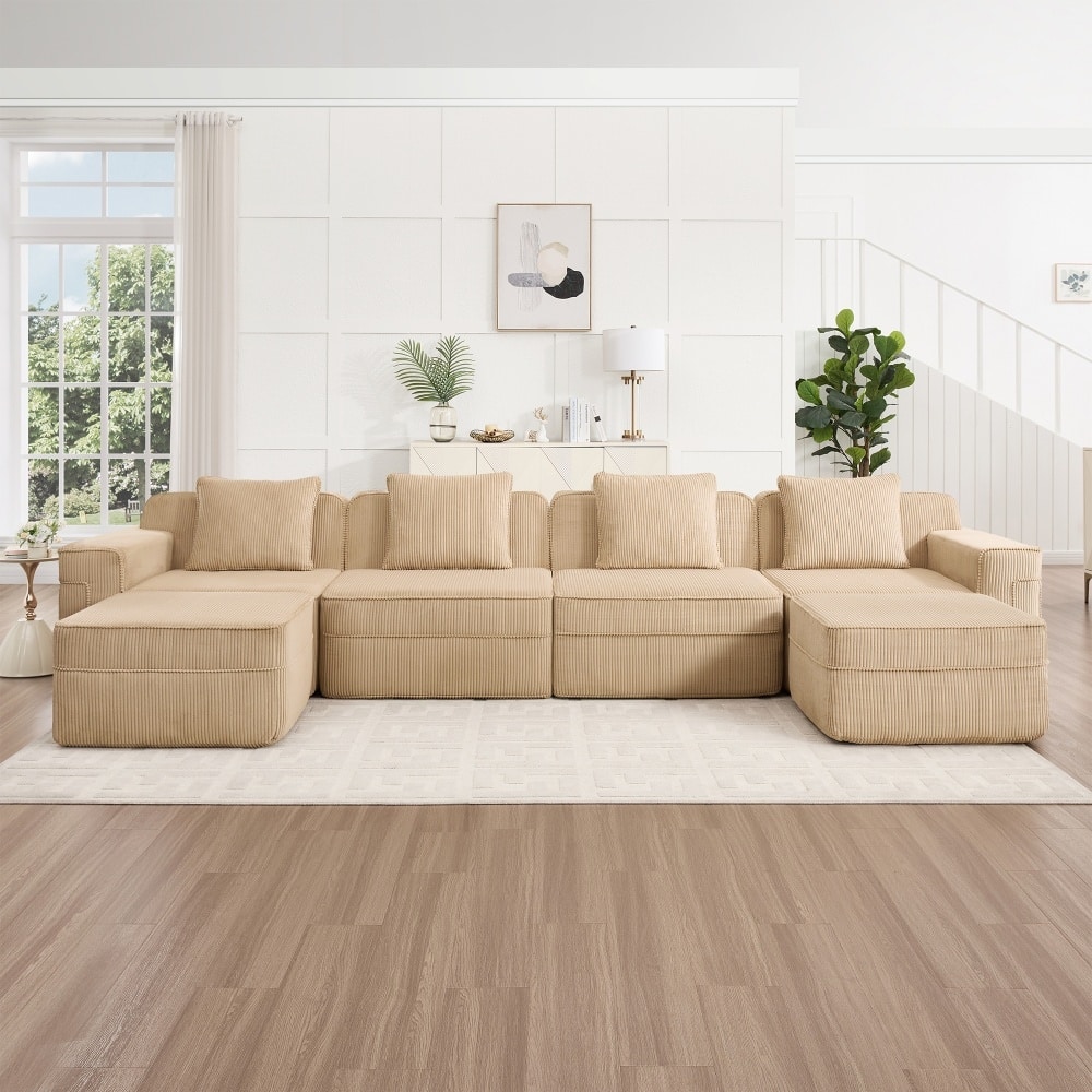 4-Seat U-shaped Corduroy Modular Boneless Cloud Sofa with 2 Movable Ottomans