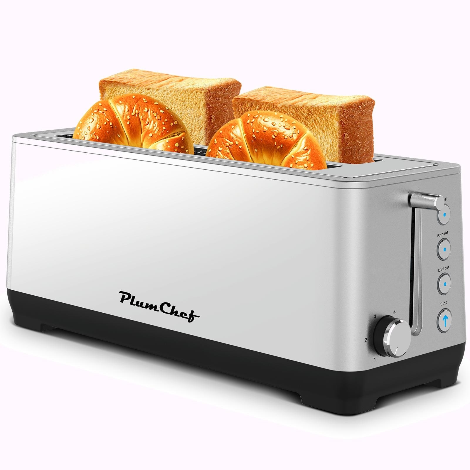 4-Slice Extra Wide Long Slot Toaster (Silver, 1500W) - Stainless Steel with Warming Rack