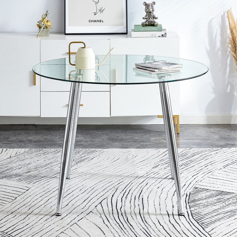40" Round Glass Tabletop Dining Table with Metal Legs