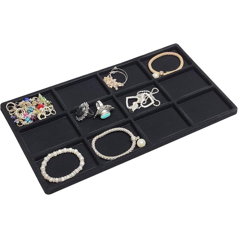 Natural Wood Glass Top Jewelry Display Case Accessories Storage Box with Metal Clasp & Removable 12 Compartments - S