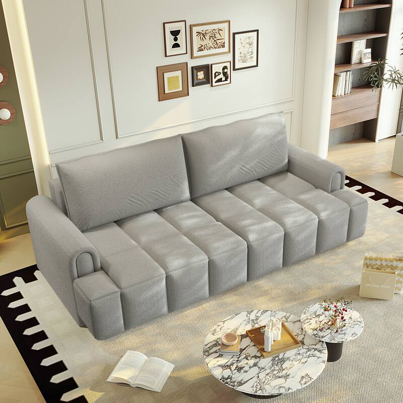 90.2 Inch King 3-in-1 Sleeper Sofa with Seat Storage, Modern 4-Seater Convertible Teddy Fabric Couch