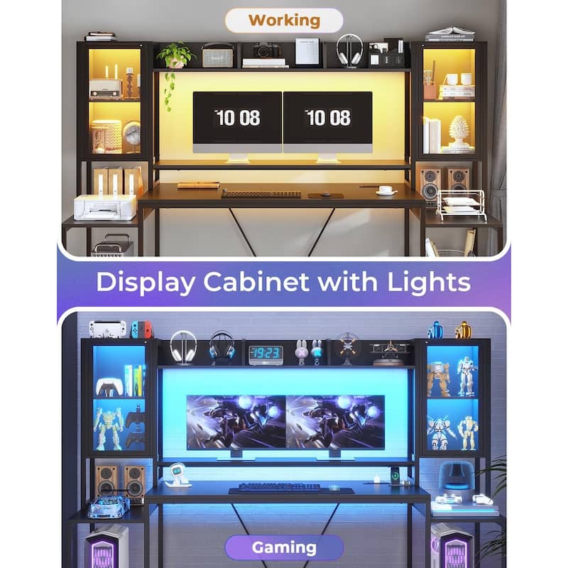 Gaming Desk LED Lights Hutch and Storage Shelves Glass Display Cabinet