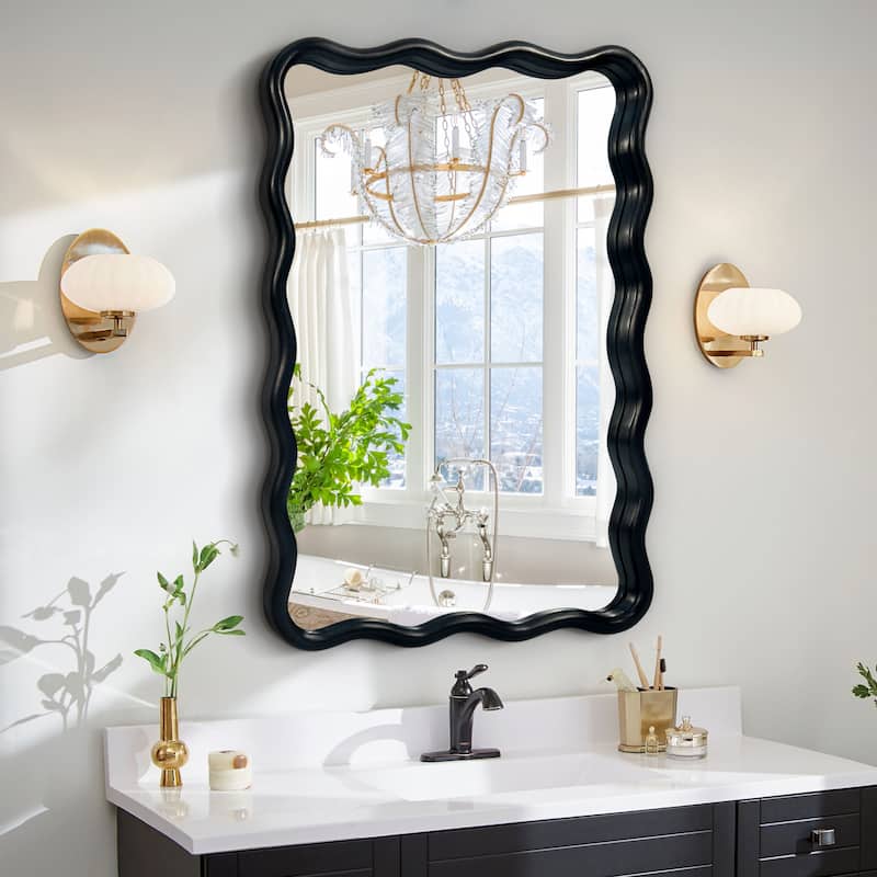 Scalloped Wood Frame Rectangle Wavy Wall Mirror