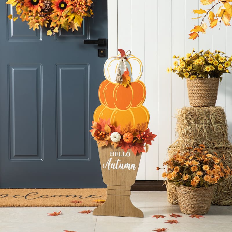 Glitzhome 36"H Fall Wooden Stacked Pumpkin with Urn Porch Decor