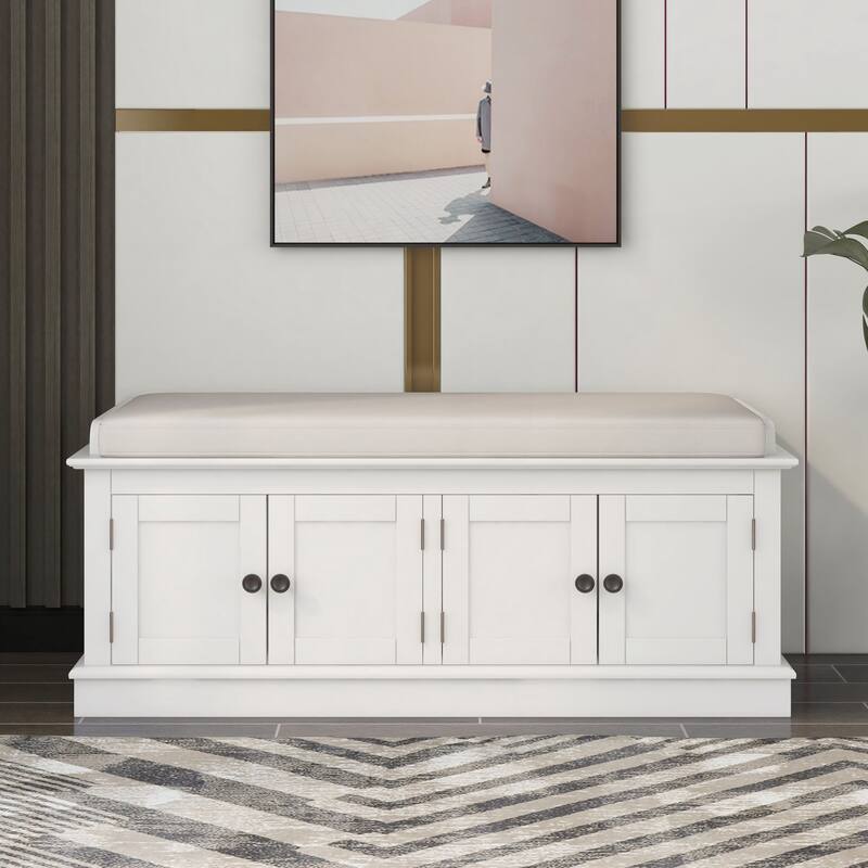 Storage Bench with 4 Doors and Adjustable Shelves, Shoe Bench with Removable Cushion for Living Room, Entryway