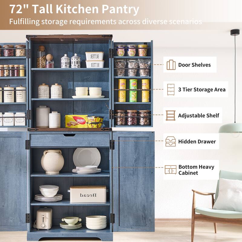 Farmhouse Wood Pantry Cabinet with Barn Doors, Adjustable Shelves
