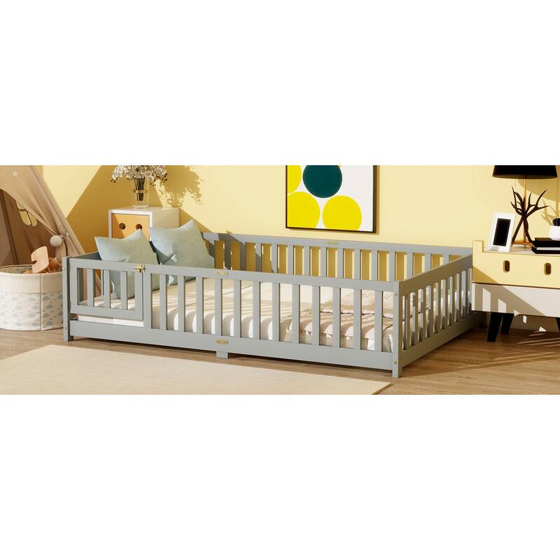 Roomfitters Twin/Full/Queen Rubber Wood Floor Bed with Fence and Swing Door, Safety Guardrails, Low Profile Design
