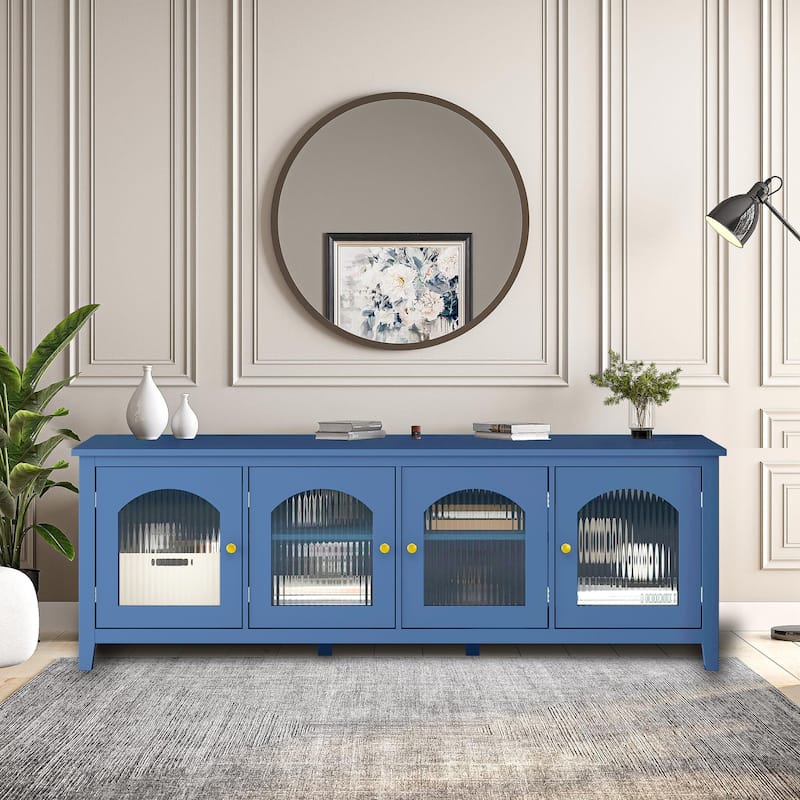 TV Stand Cabinet with 4 Glass Doors, Wood Entertainment Center - 70.87L x 17.72W x 24.02Hinches