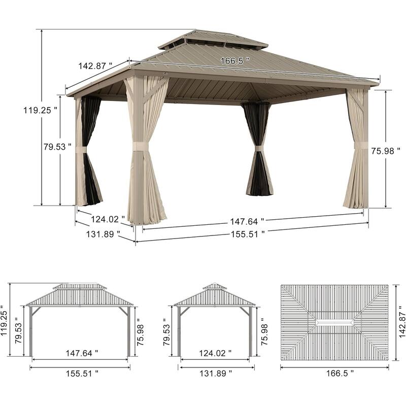 PURPLE LEAF Outdoor Hardtop Gazebo Champagne Metal Frame Galvanized Steel Double Roof with Curtains and Netting for Poolside