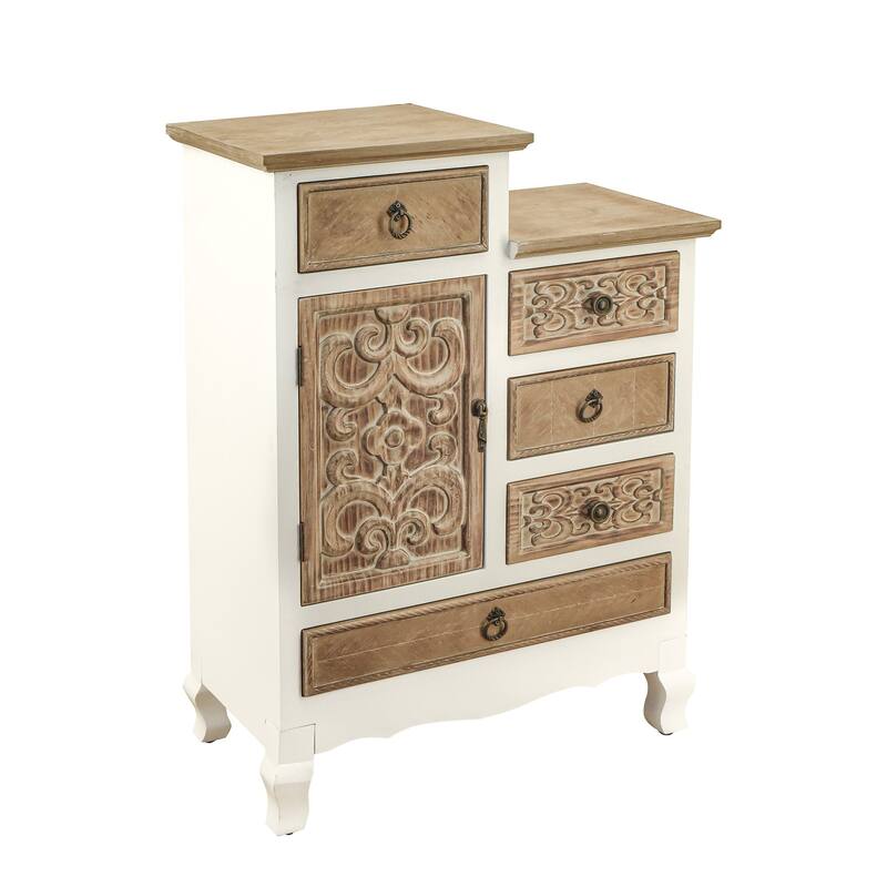 30" Tall Wooden Cabinet with 5 Drawers and 1 Door in Natural