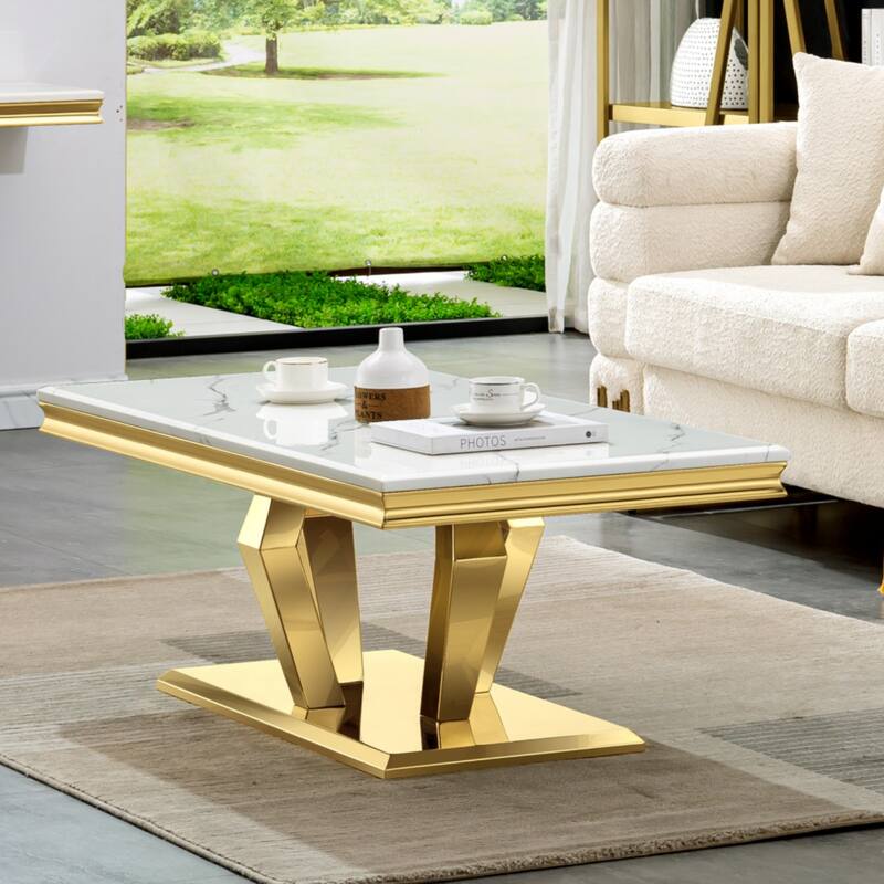 Modern Coffee Table with Stainless Steel Base 48 inches Rectangular Coffee Table with Sturdy Metal Frame for Living Room