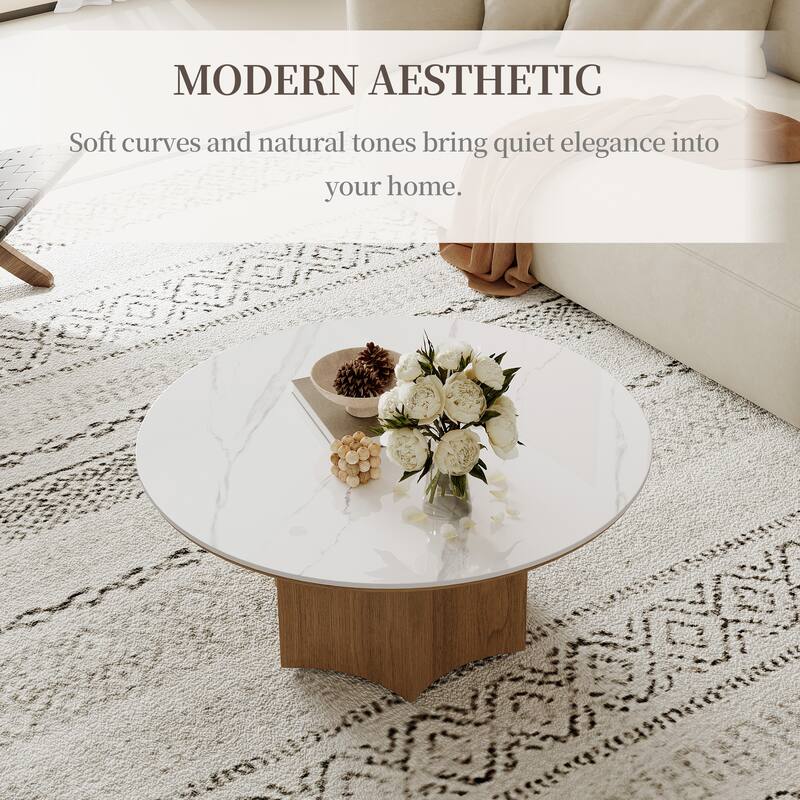 Mid-century Modern Coffee Table,35.43" With White Sintered Stone Table Top, Solid Wood Legs