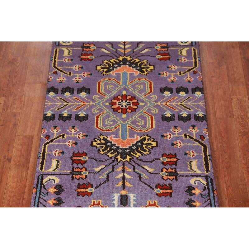 Hand Knotted Oriental 100% Wool Carpet Transitional All-Over Purples Oushak Runner Rug - 9' 10'' X 2' 7''