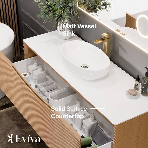 Eviva Leah 44 in. W x 20 in. D Medium Oak Wallmount Bathroom Vanity with White Solid Surface Top and Vessel Sink