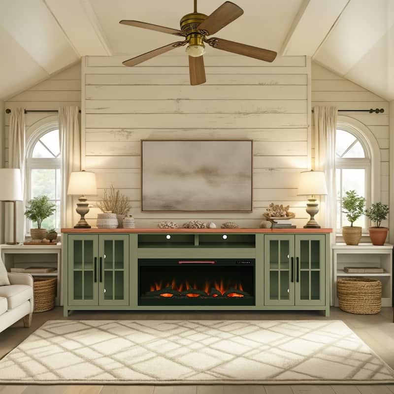 Bridgevine Home Modern Farmhouse 97 inch Fireplace TV Console for TVs up to 100 inches, Two-Tone Finish