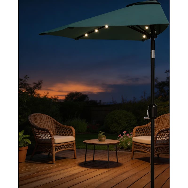 9ft Outdoor Patio Half Umbrella, with Solar LED Lights and Smooth Crank Lift - Turquoise