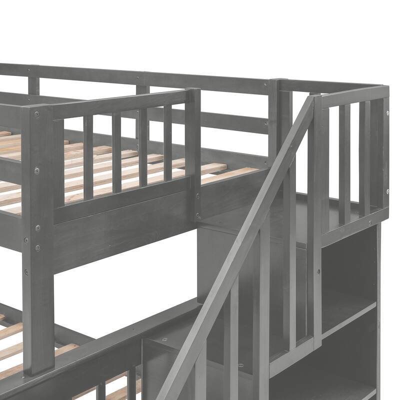 Gray Twin-Over-Full Solid Pine Bunk Bed with Storage and Ladder