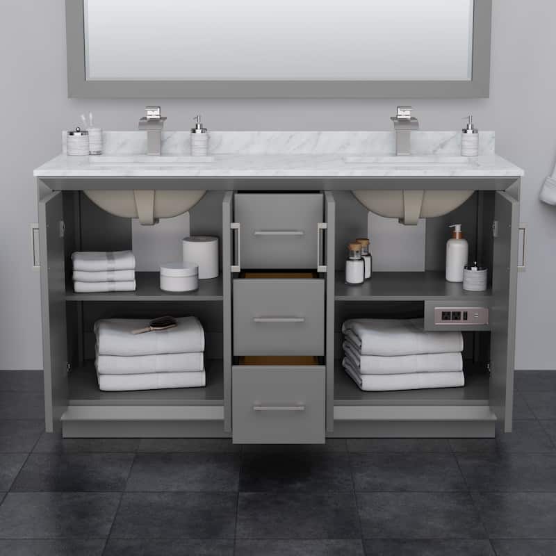 Strada 60-Inch Double Vanity Set, Carrara Marble Top, 58-Inch Mirror