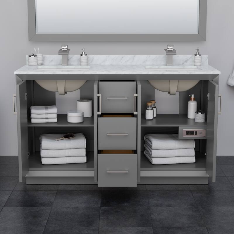 Strada 60-Inch Double Vanity Set, Cultured Marble Top, 58-Inch Mirror