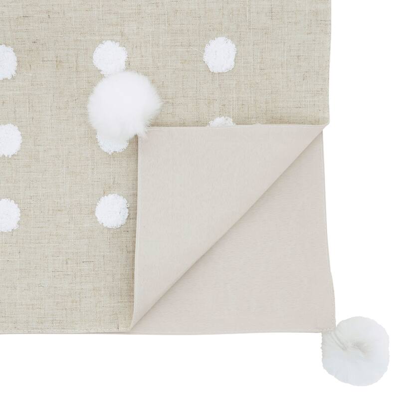 Textured Dot & Pom Detail Linen Blend Table Runner - Non-Reversible Lined Runner for Dining Tables & Consoles, 16"x70"