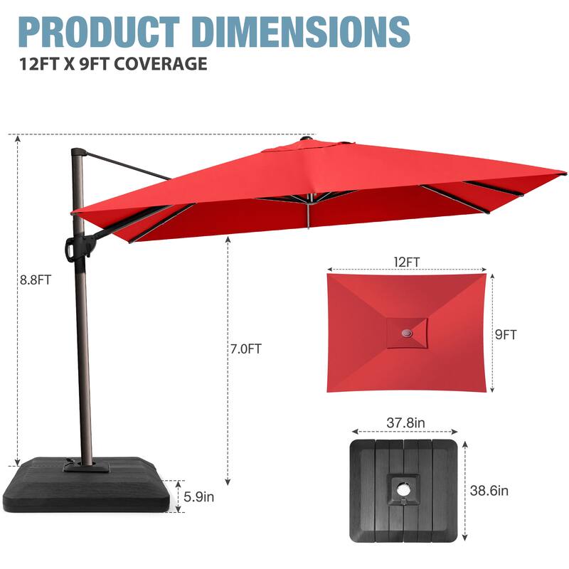 VredHom 9 x 12 FT Outdoor Patio Cantilever-Offset Umbrella with 4-piece Fillable Weighted Base