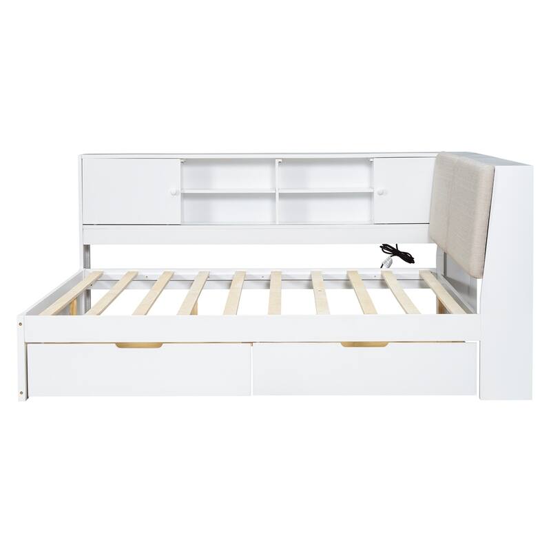 Wooden L-shaped Daybed Corner Bed with Storage Bookcase and USB Charging Ports