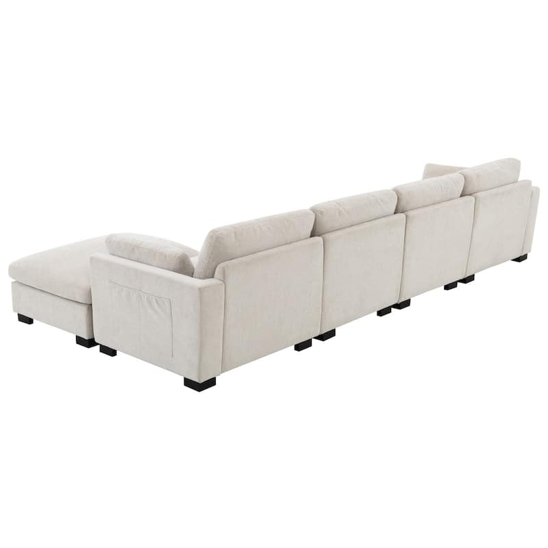 130" Modular Chenille L-Shaped Sectional Sofa with Folding Table and Dual-Port Charging, Ottoman