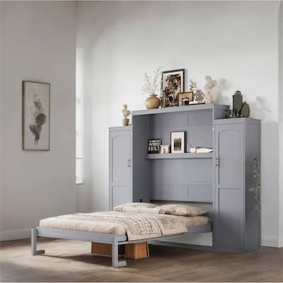 Queen Size Wood Murphy Bed with 2 Wardrobe and Storage Shelf