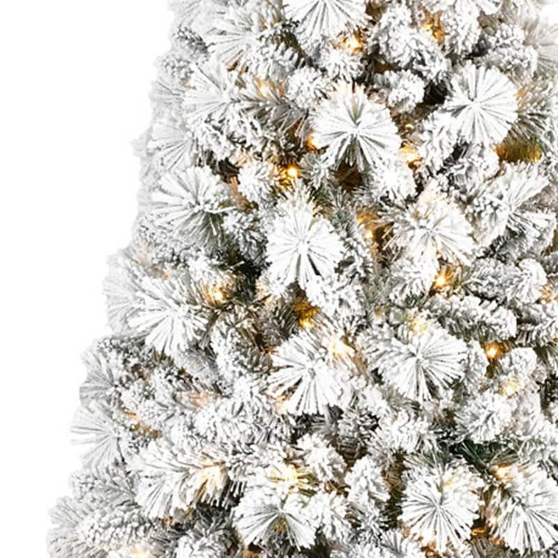 HomeRoots 8' White Pre Lit Full Flocked Fir Christmas Tree - 53.00 in. x 96.00 in. x 53.00 in.
