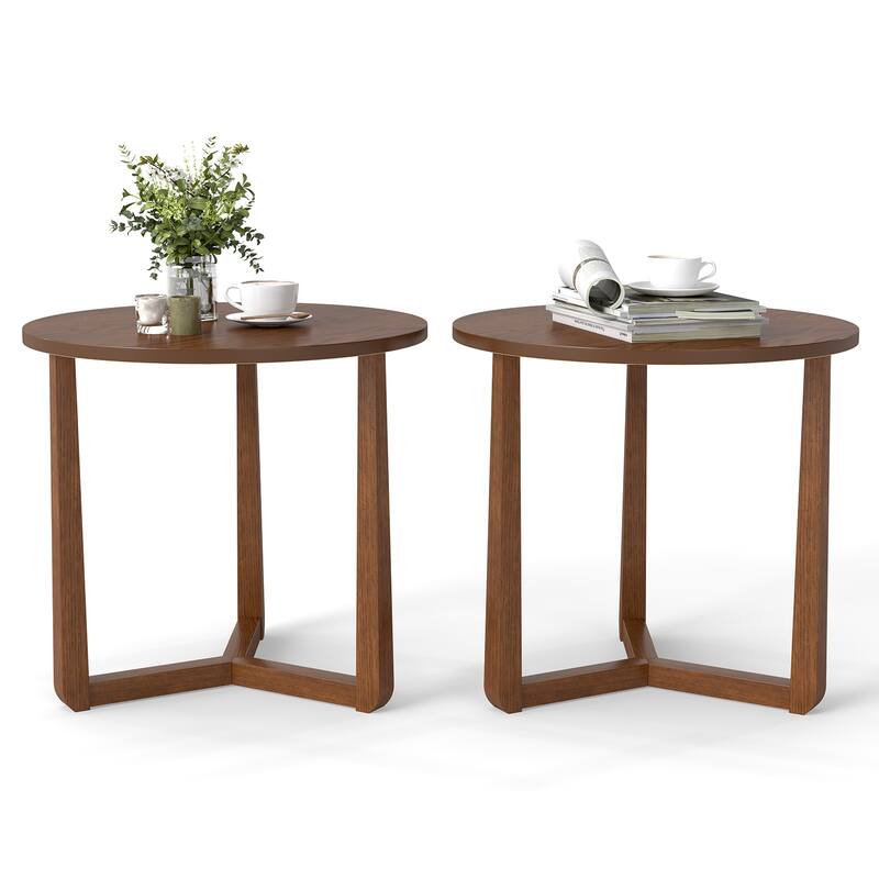 Gymax 2PCS Round Side Table w/Sturdy Rubber Wood Legs Triangular - Brown