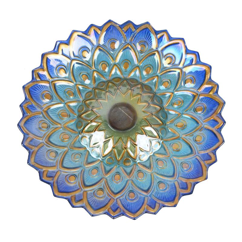 21" Blue & Brown Peacock Geometric Outdoor Glass Solar Bird Bath St&