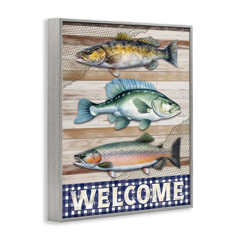 Stupell Welcome with Rustic Fish Framed Giclee Art Design By Nicole DeCamp