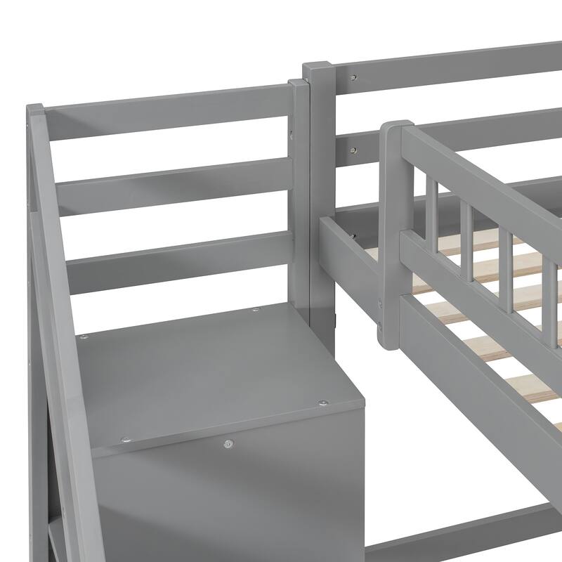 Stairway Wooden Bedframe Twin Size Loft Bed with Built-in Desk, Clothes Rail, Open Shelves, Drawers Cabinets and Guardrails