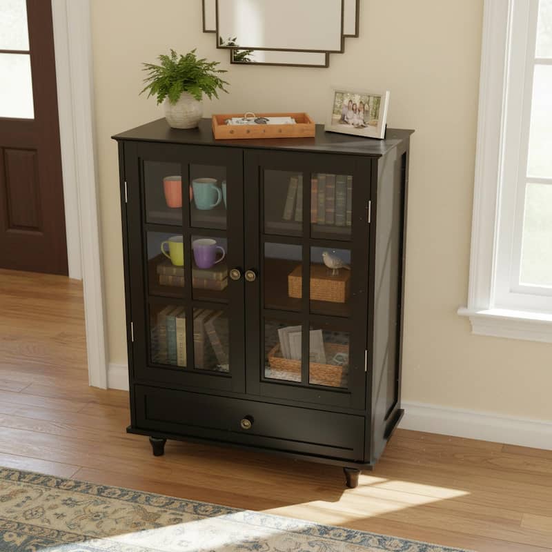 Homy Casa Minimalist Buffet Cabinet with Glass Doors & Drawer, Storage Sideboard, Kitchen Living & Dining Room Hallway Entryway - 28" - Black
